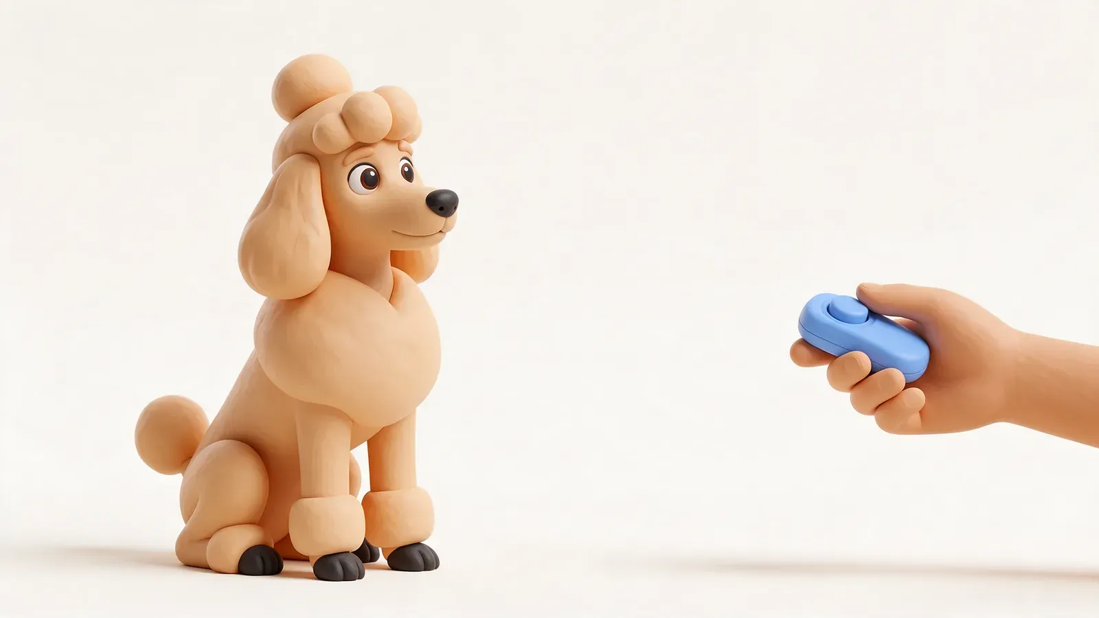 Caniche atento a una mano con un clicker