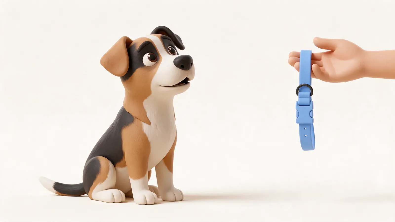 Un perro mira con ilusión el collar azul que le ofrece una mano