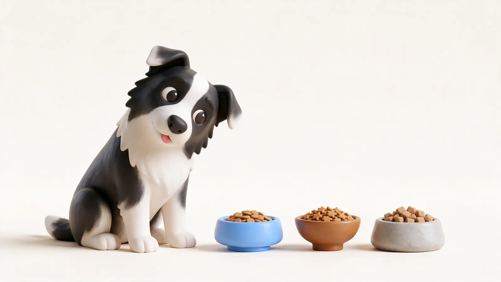 Border collie mirando tres cuencos con distintos tipos de comida