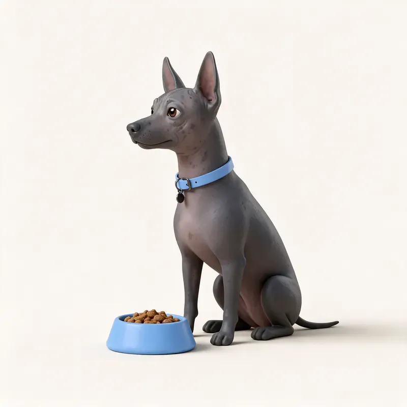 Xoloitzcuintle (perro sin pelo mexicano): a la hora de comer (ilustración)