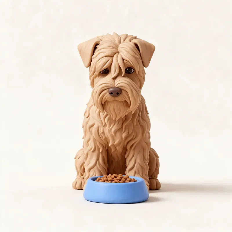 Terrier irlandés de pelo suave (Wheaten): a la hora de comer (ilustración)