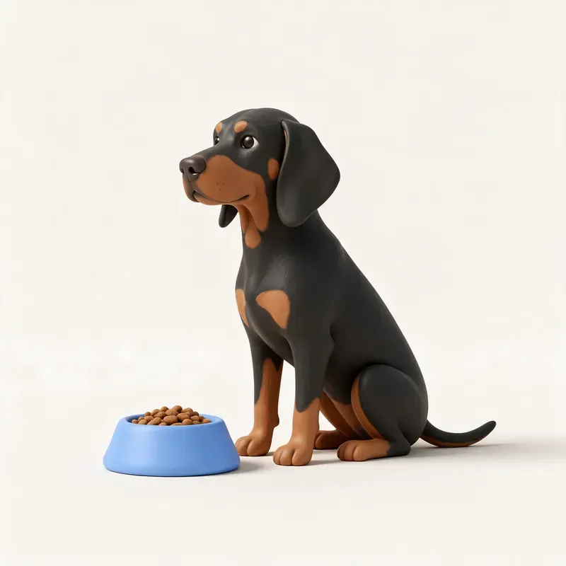Coonhound negro y fuego: a la hora de comer (ilustración)