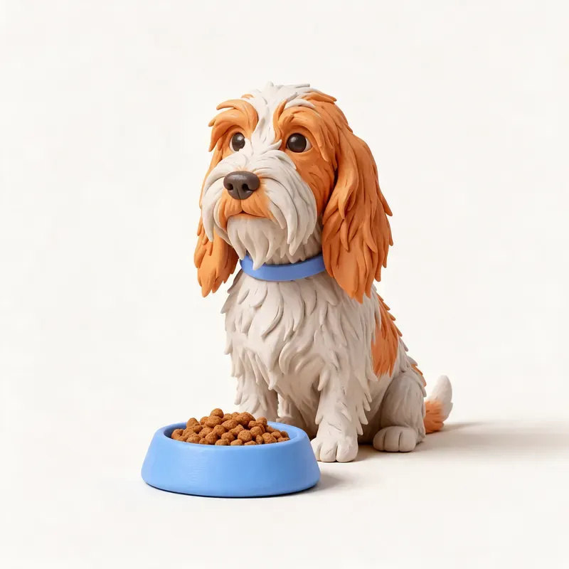 Pequeño basset grifón vendeano: a la hora de comer (ilustración)
