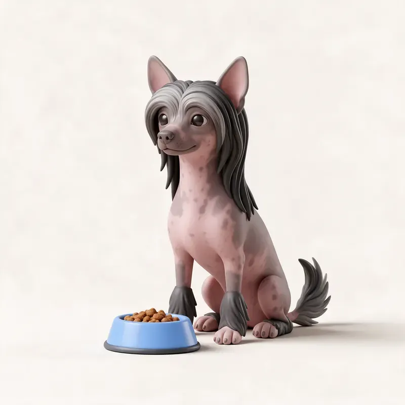 Perro crestado chino: a la hora de comer (ilustración)