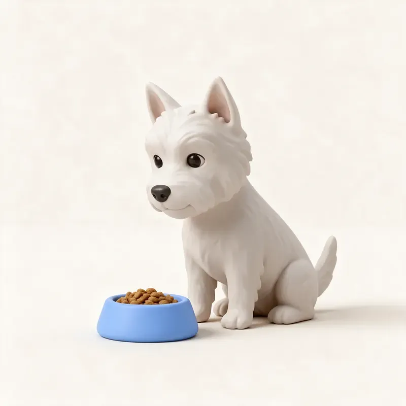 West Highland white terrier (Westie): a la hora de comer (ilustración)