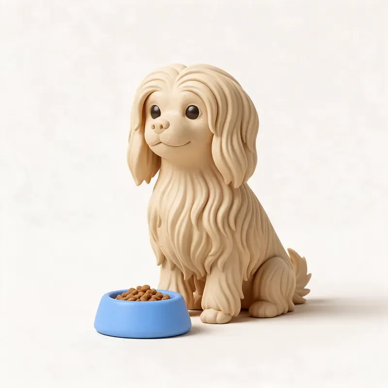 Pequeño perro león: a la hora de comer (ilustración)