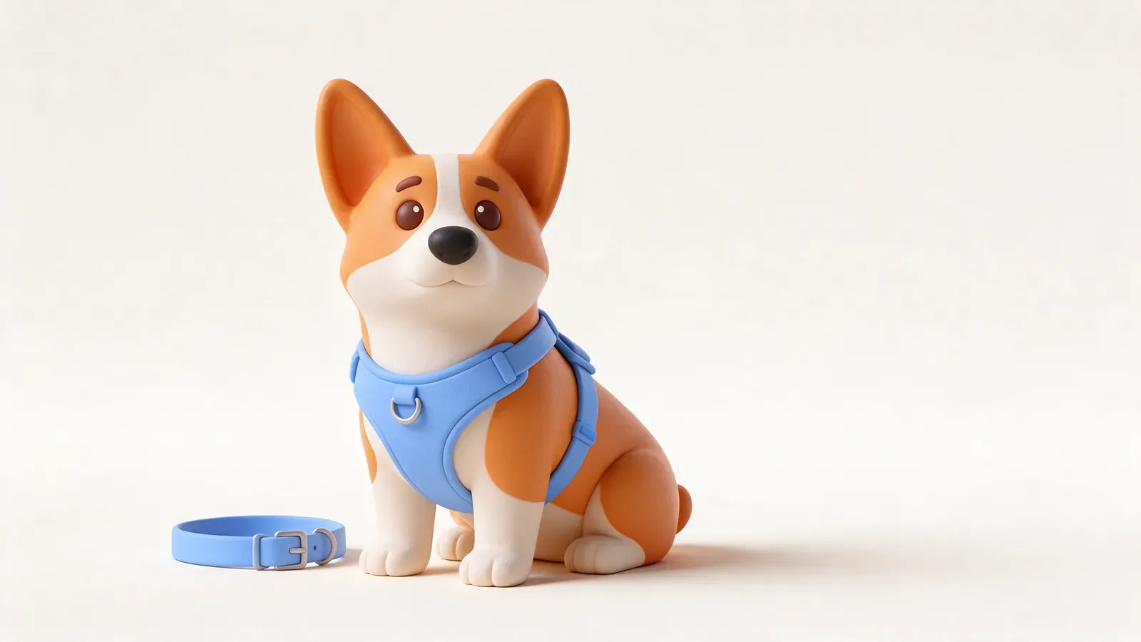 Corgi con arnés azul junto a un collar