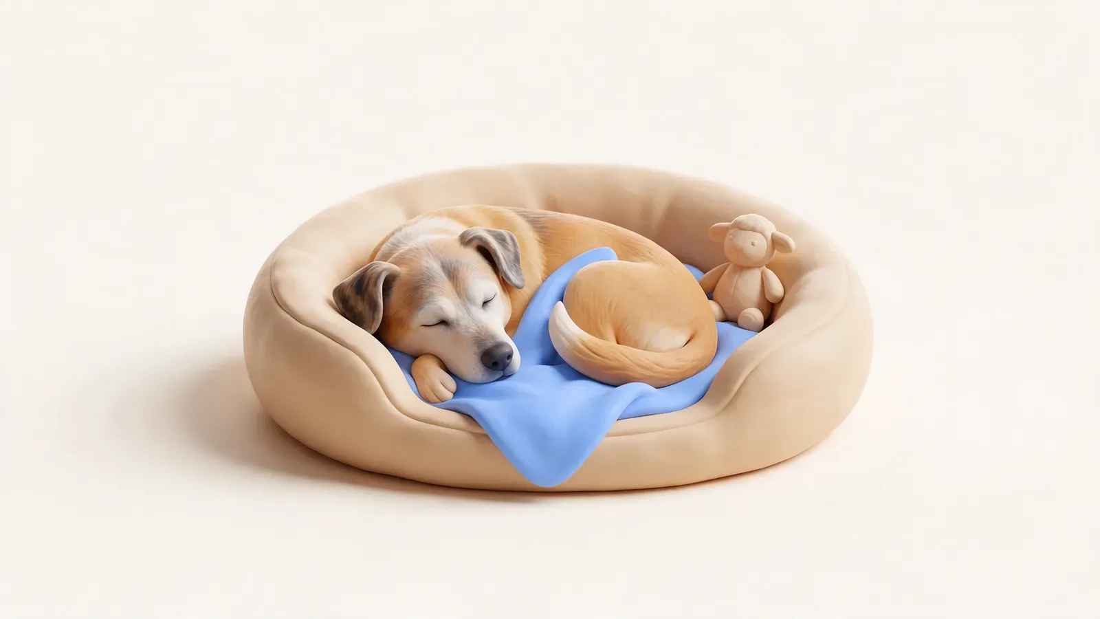 Perro mayor durmiendo tranquilo en una cama con una manta