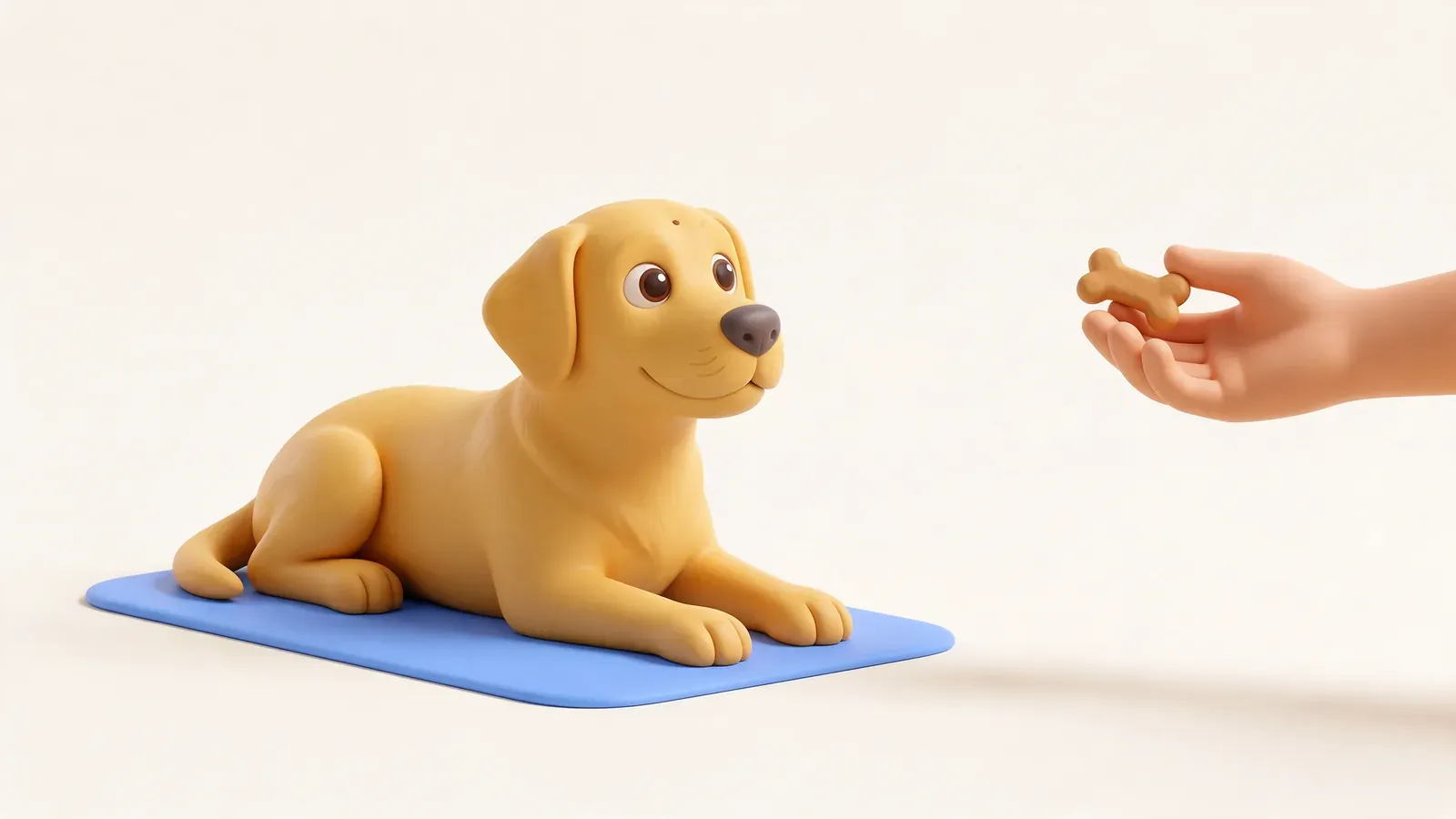 Labrador tumbado tranquilo sobre una esterilla recibiendo un premio