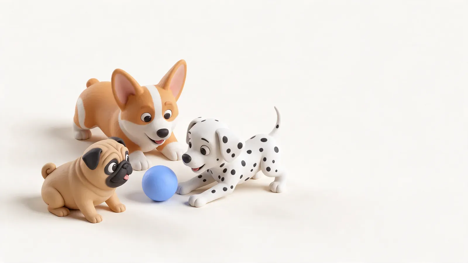 Un carlino, un corgi y un dálmata cachorros jugando con una pelota azul