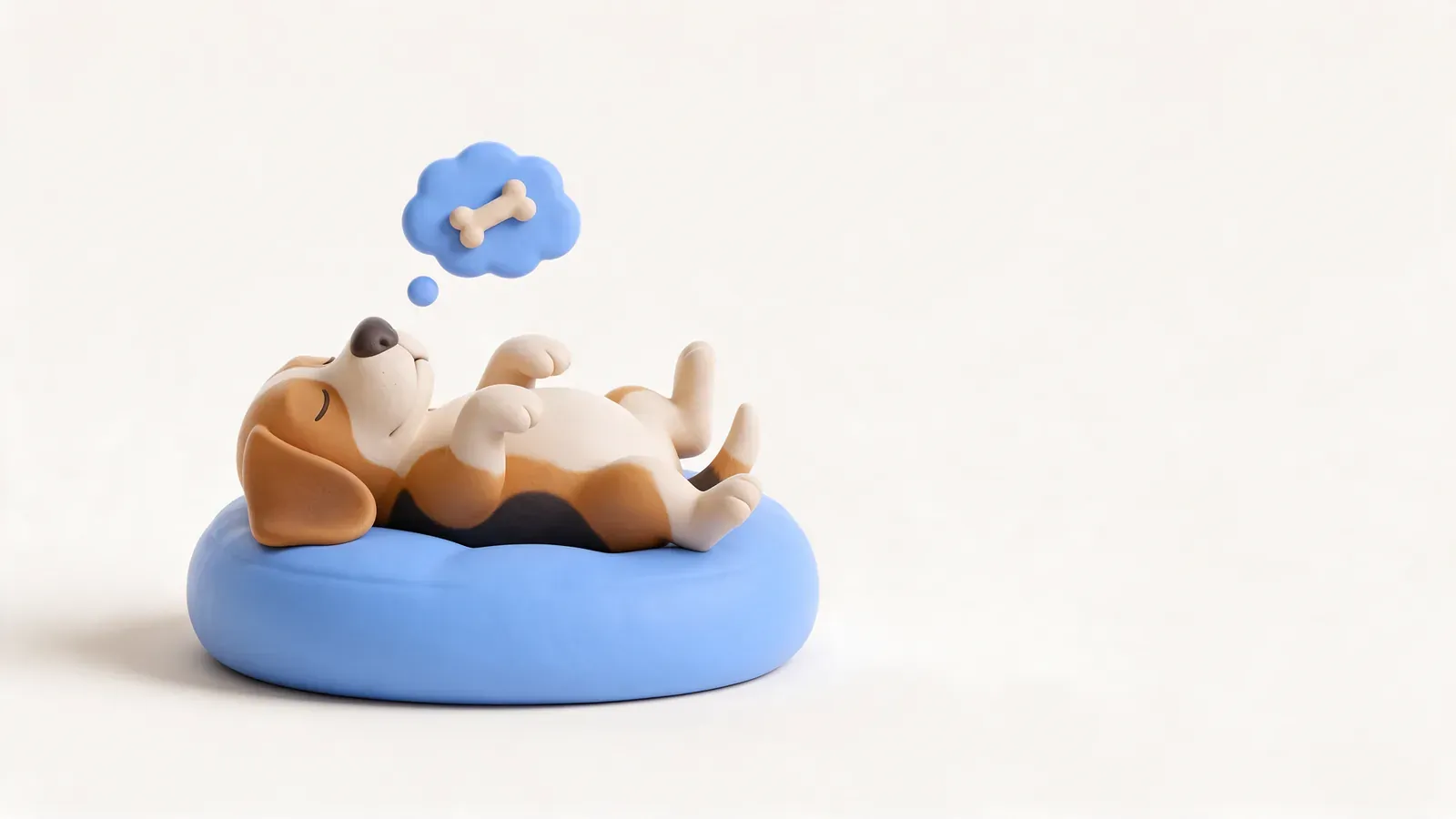 Beagle durmiendo panza arriba en su cama soñando con un hueso