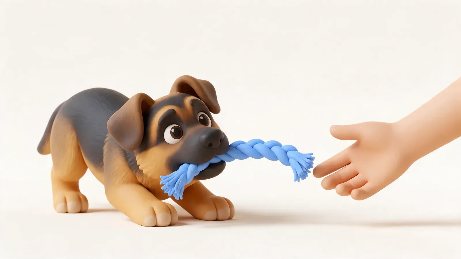 Cachorro mordiendo una cuerda que le ofrece una mano