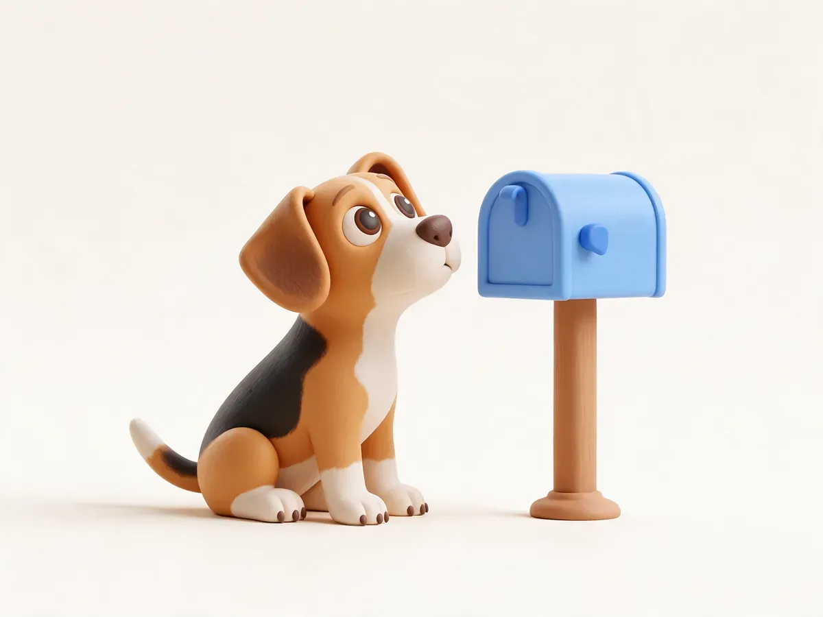 Un beagle sentado junto a un buzón azul, esperando una carta