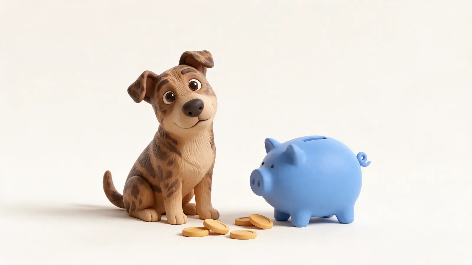 Perro mestizo junto a una hucha y unas monedas
