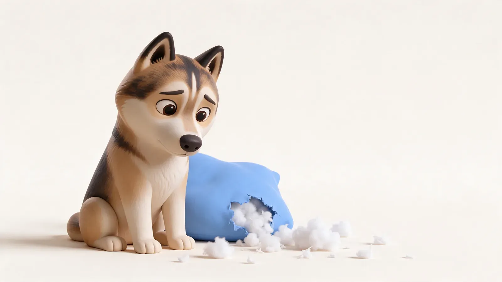 Husky junto a un cojín destrozado