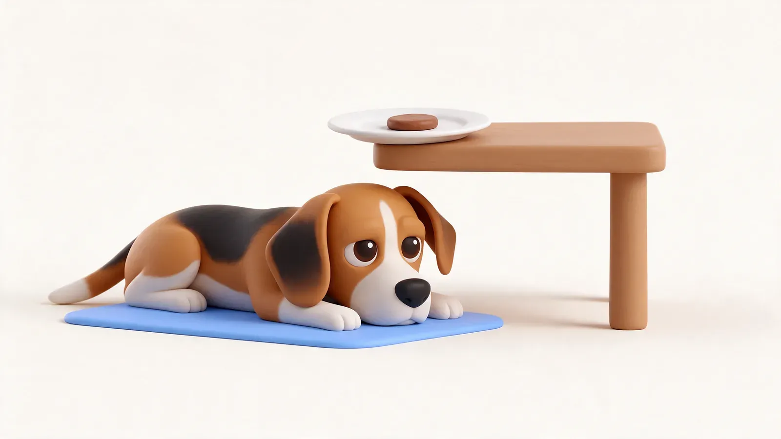 Beagle tumbado en su esterilla sin pedir comida en la mesa