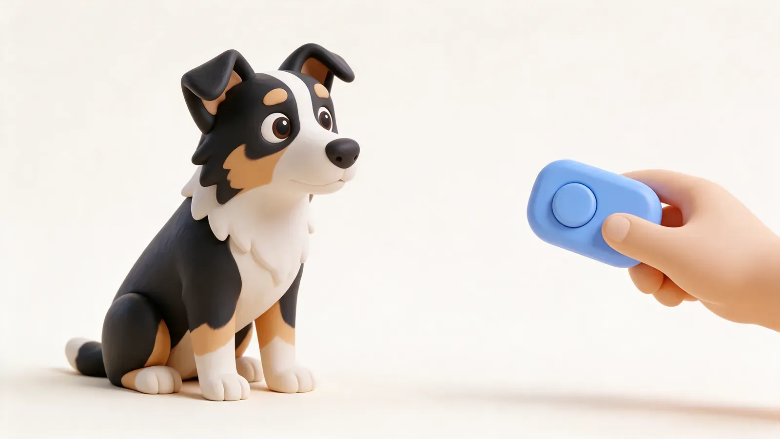 Perro atento mientras una mano sujeta un clicker