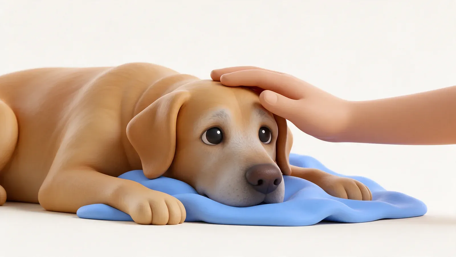 Perro anciano descansando mientras una mano lo acaricia
