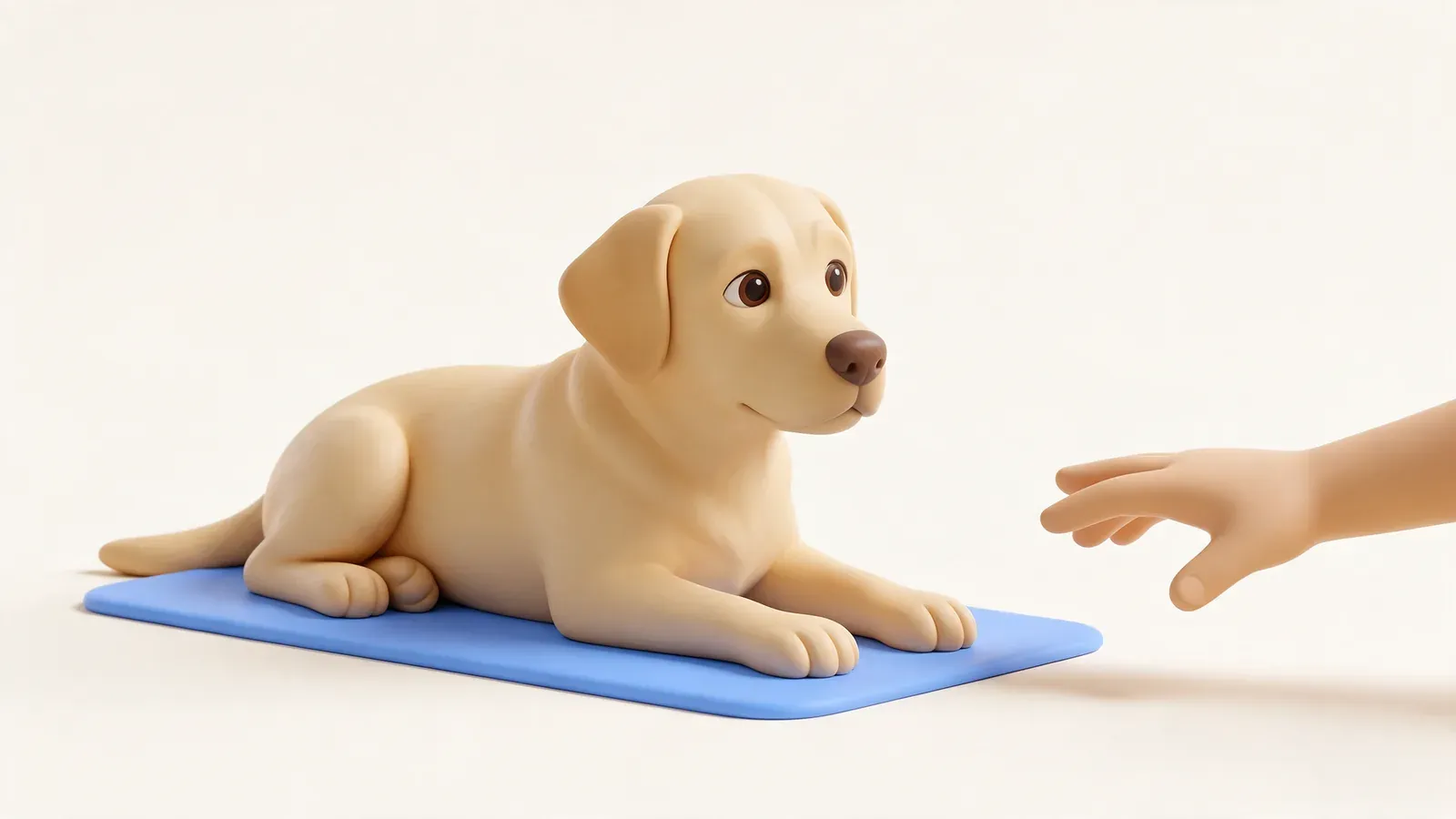 Labrador tumbado tranquilo y la mano de un niño acercándose con calma