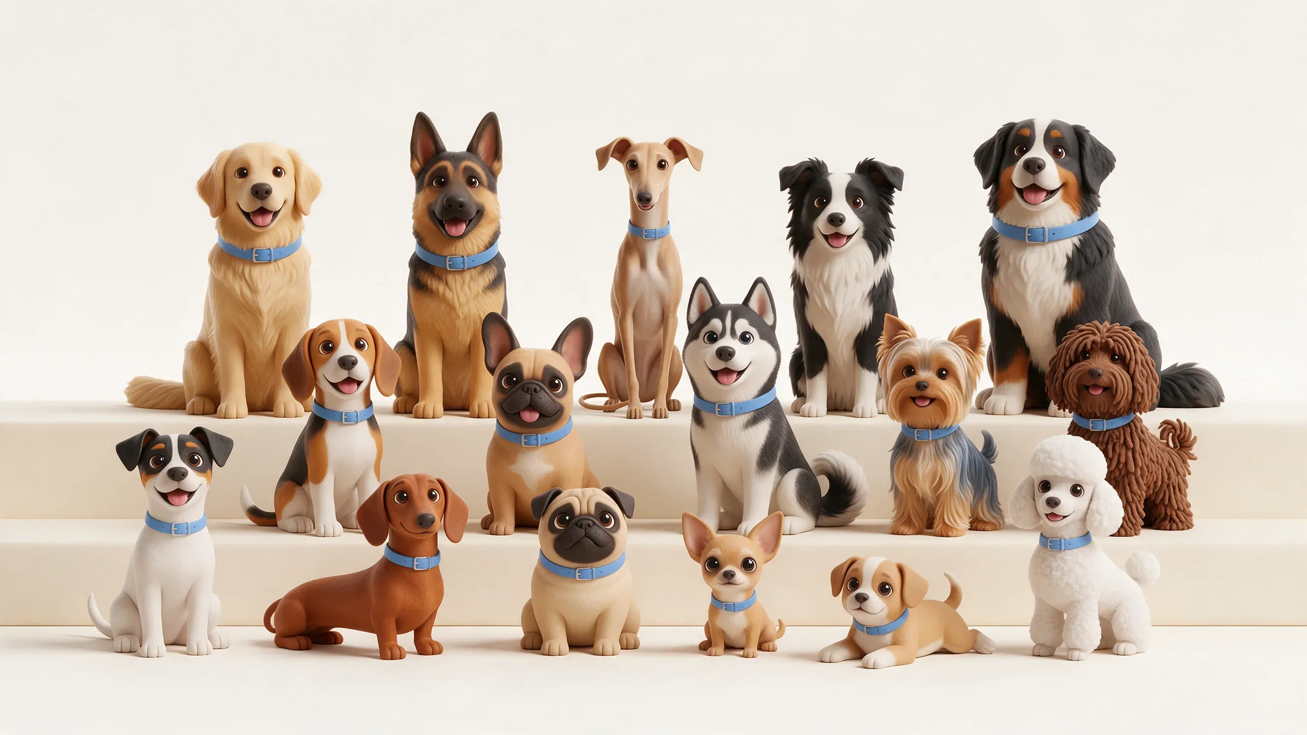 Dieciséis perros de distintas razas, en figuras de arcilla, sobre unos escalones