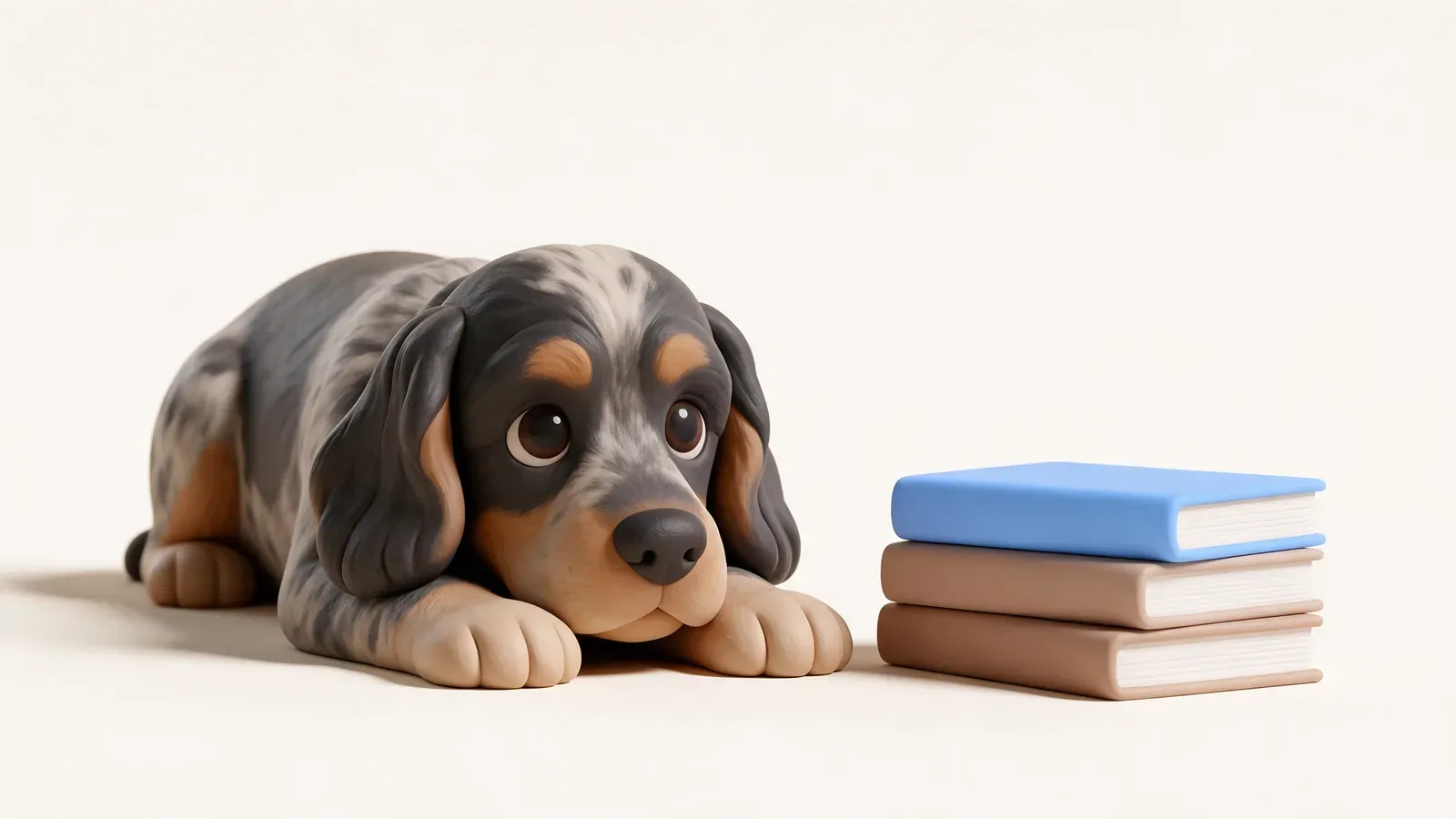 Cocker tumbado junto a una pila de libros