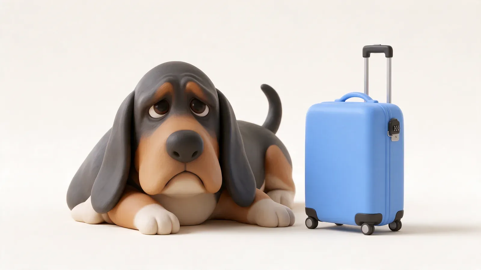 Basset hound triste junto a una maleta