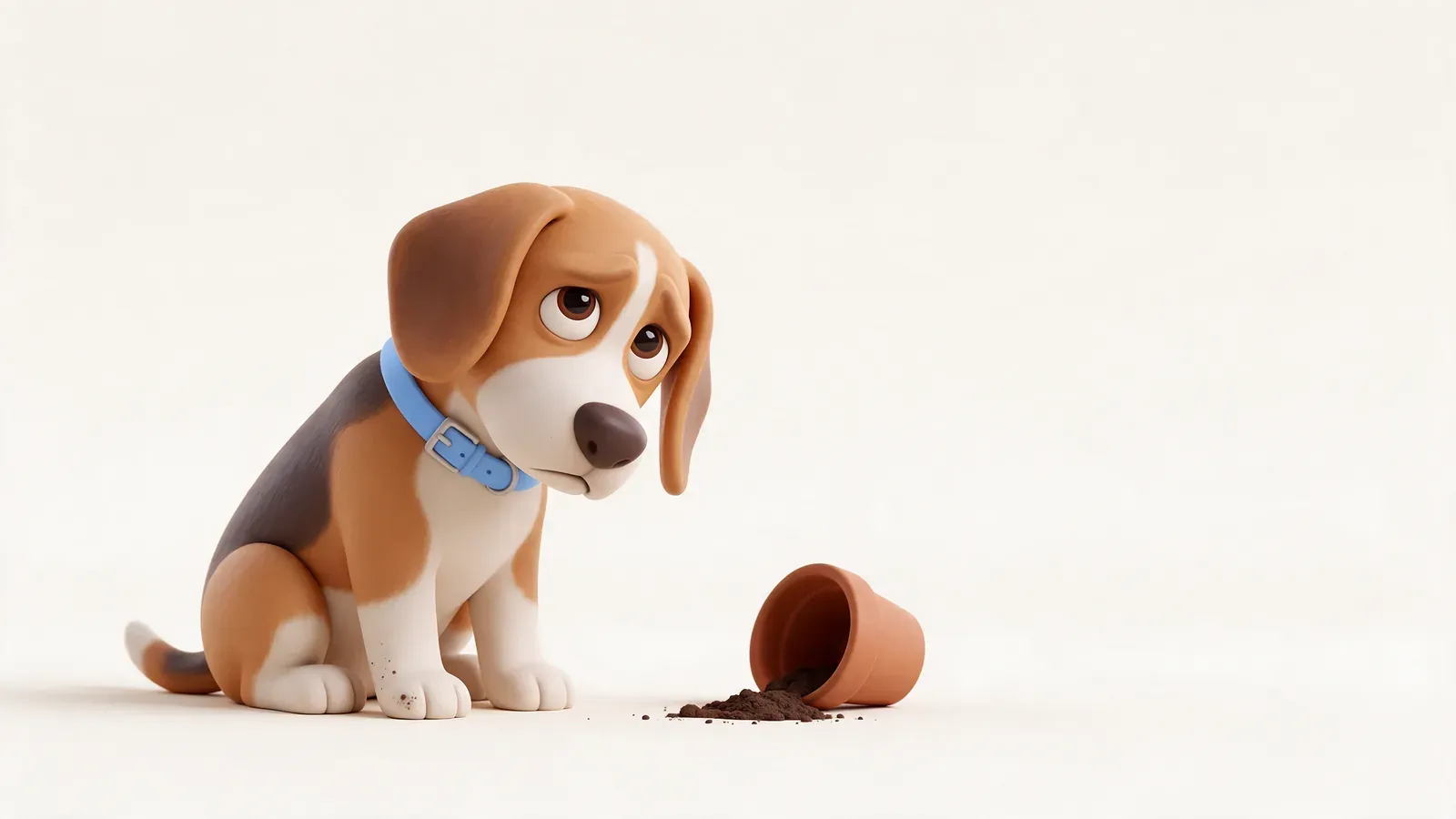 Beagle con mirada culpable junto a una maceta caída