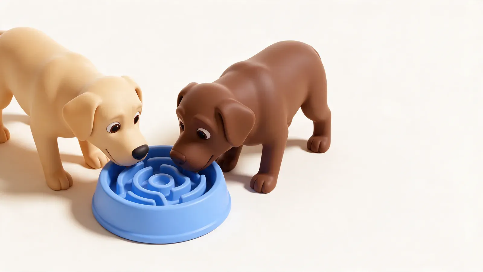 Labrador comiendo de un comedero antiansiedad azul