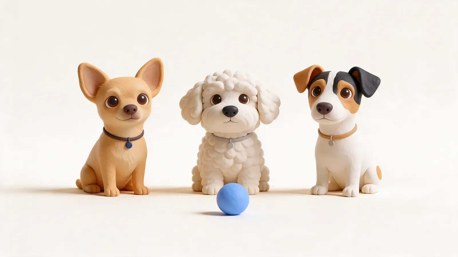 Tres perros pequeños sentados juntos con una pelota