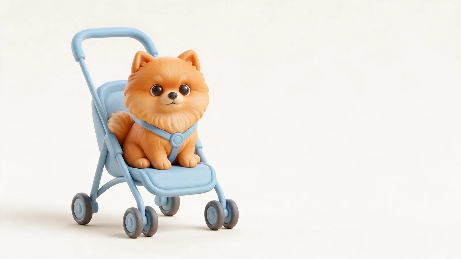 Pomerania sentado en un carrito de bebé