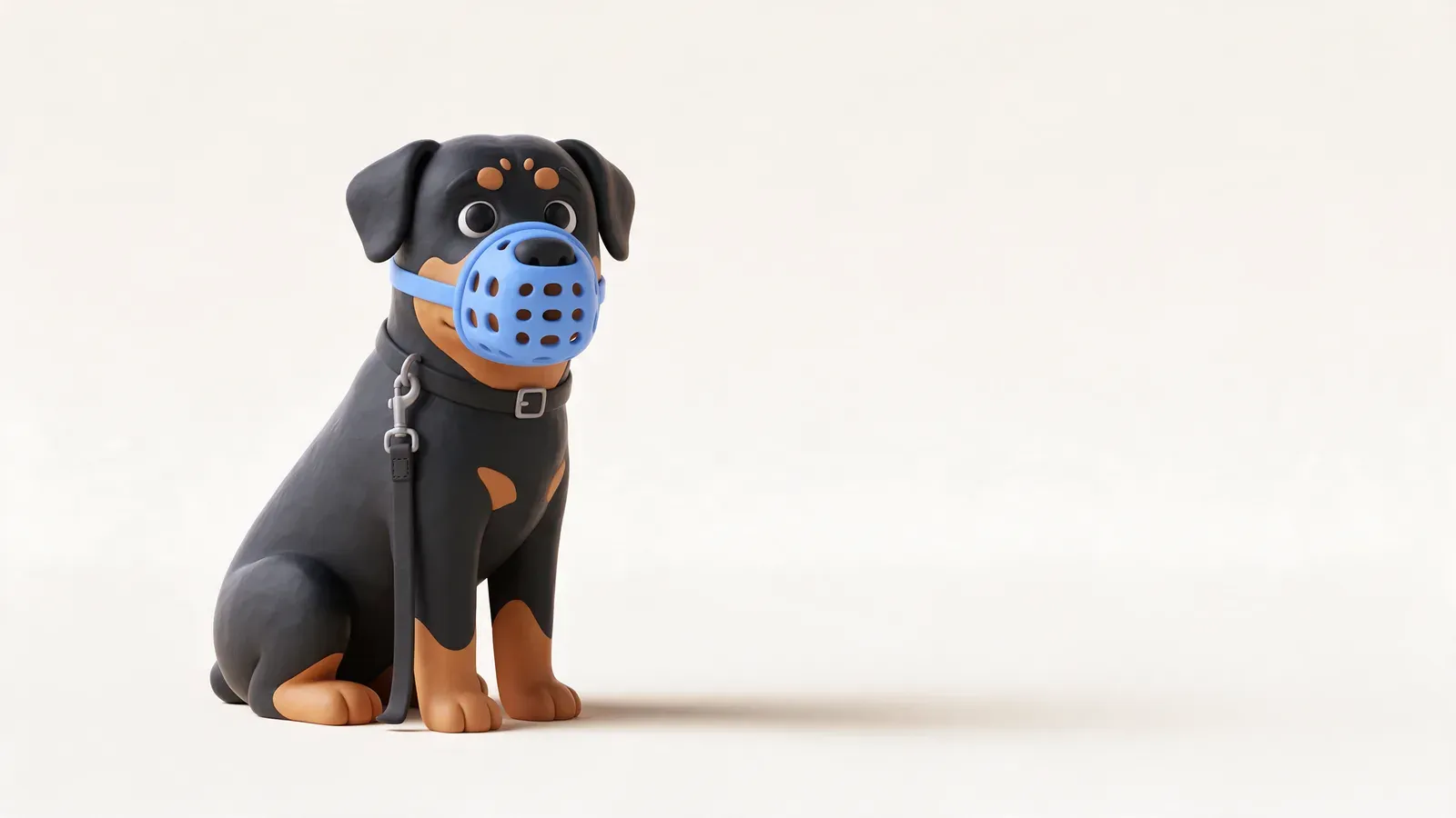 Rottweiler sentado y tranquilo con un bozal de cesta azul y la correa puesta