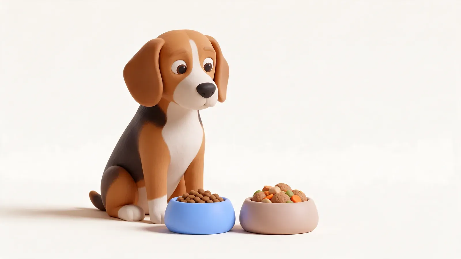 Beagle junto a un cuenco de pienso y otro de comida casera