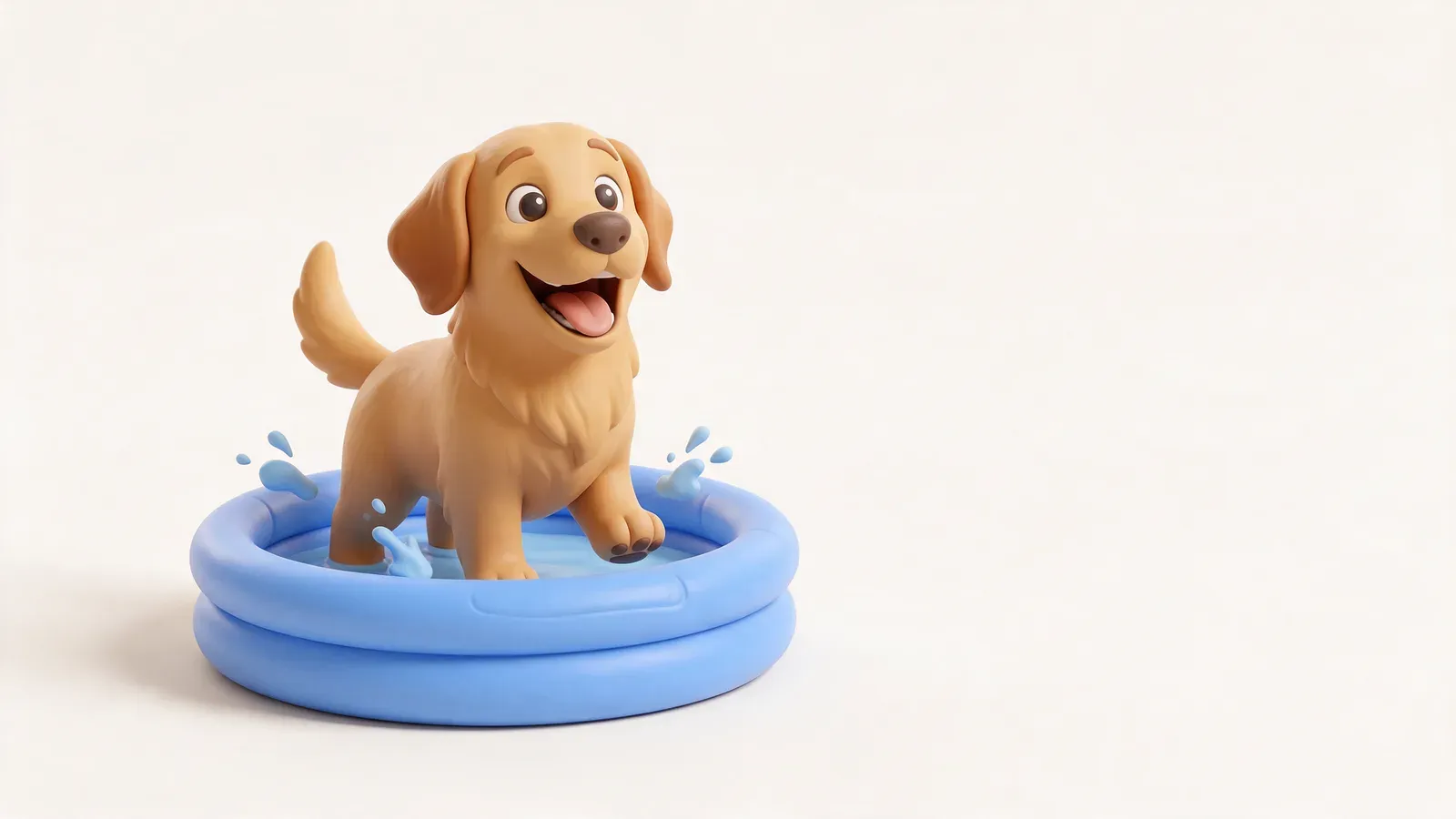 Golden retriever chapoteando en una piscina hinchable azul