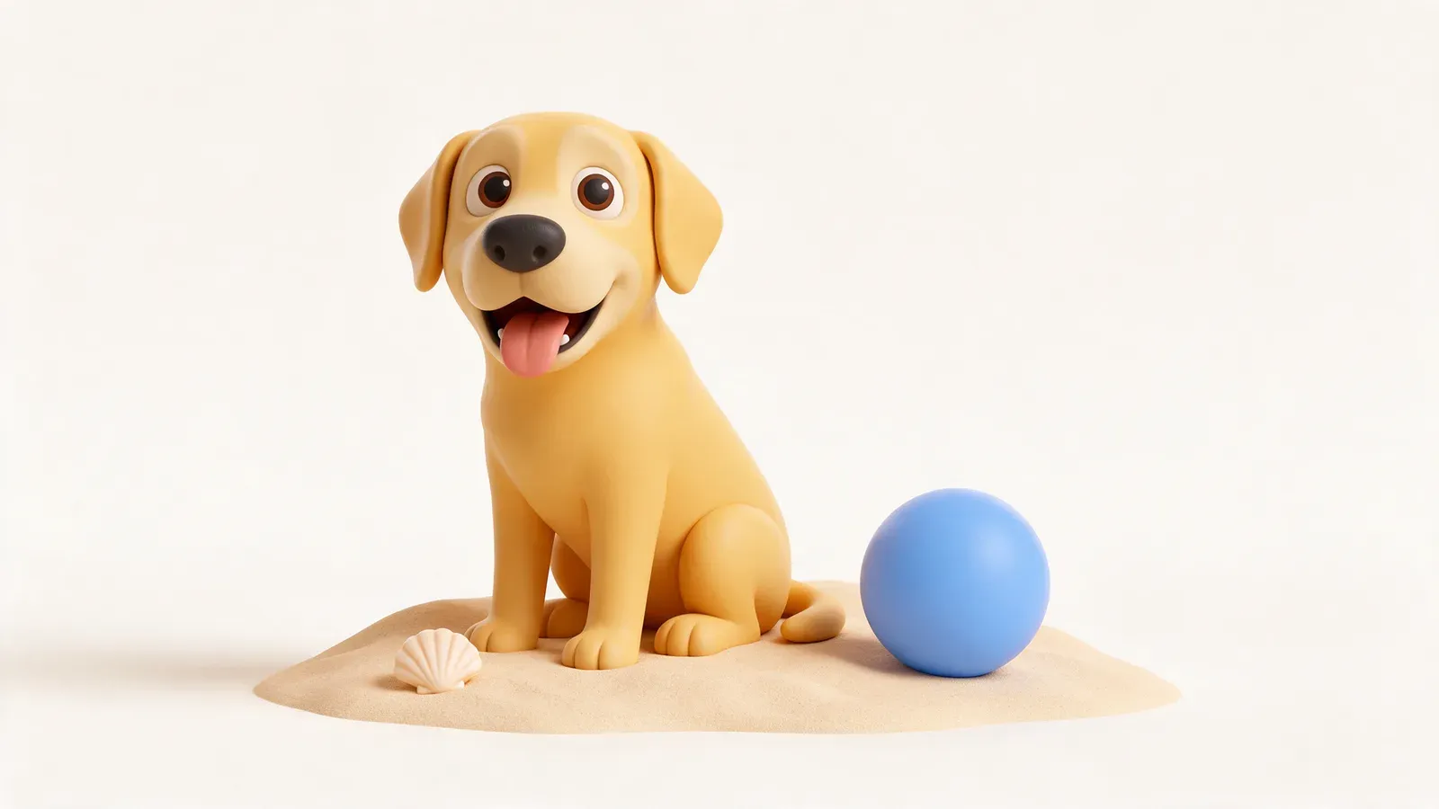 Labrador sentado en la arena junto a una concha y una pelota azul
