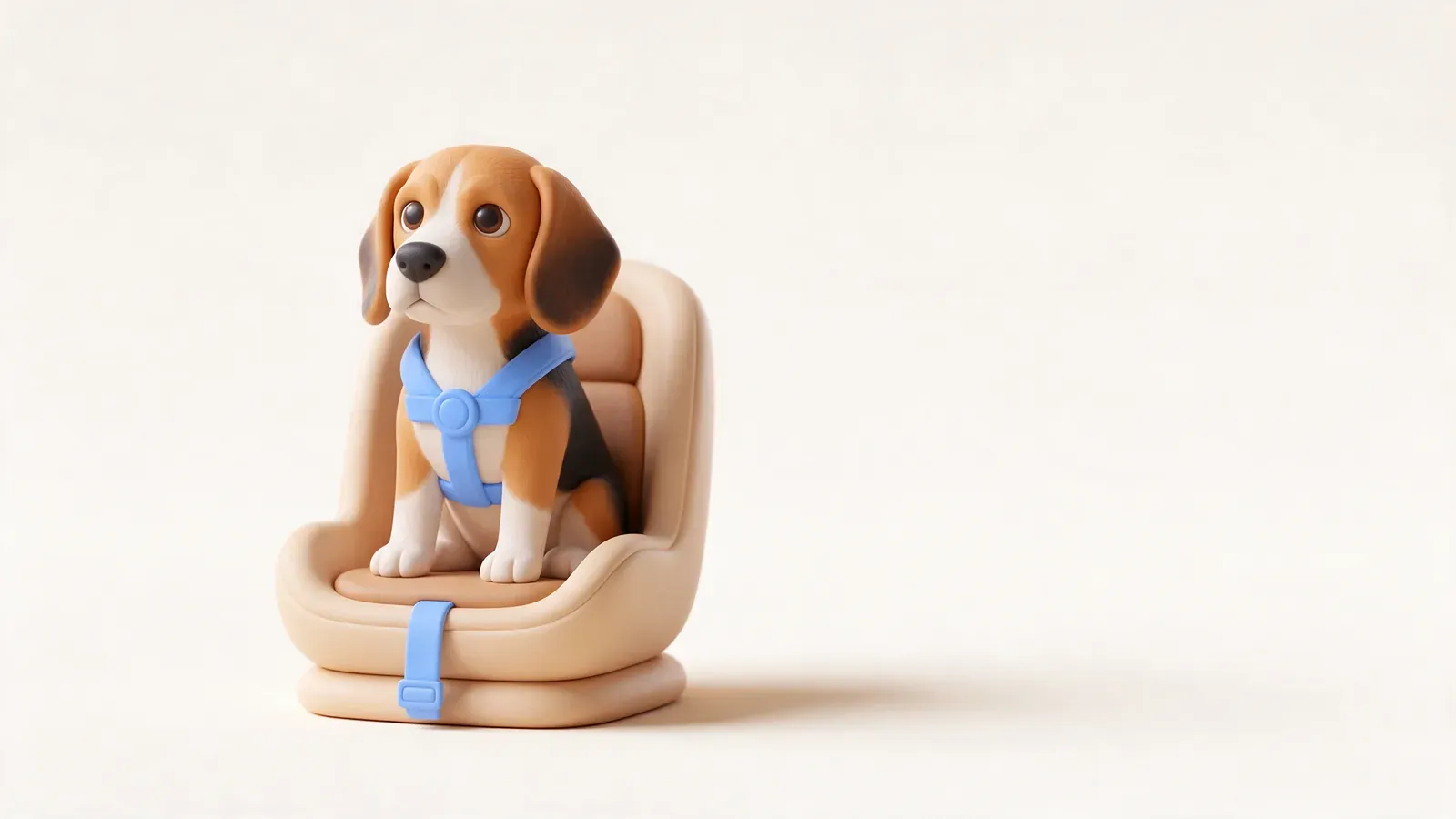 Beagle sentado en el coche con arnés de seguridad