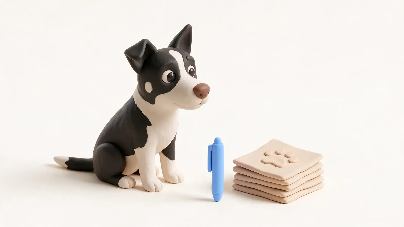 Perro junto a unos papeles con una huella y un bolígrafo, como si firmara su contrato de adopción