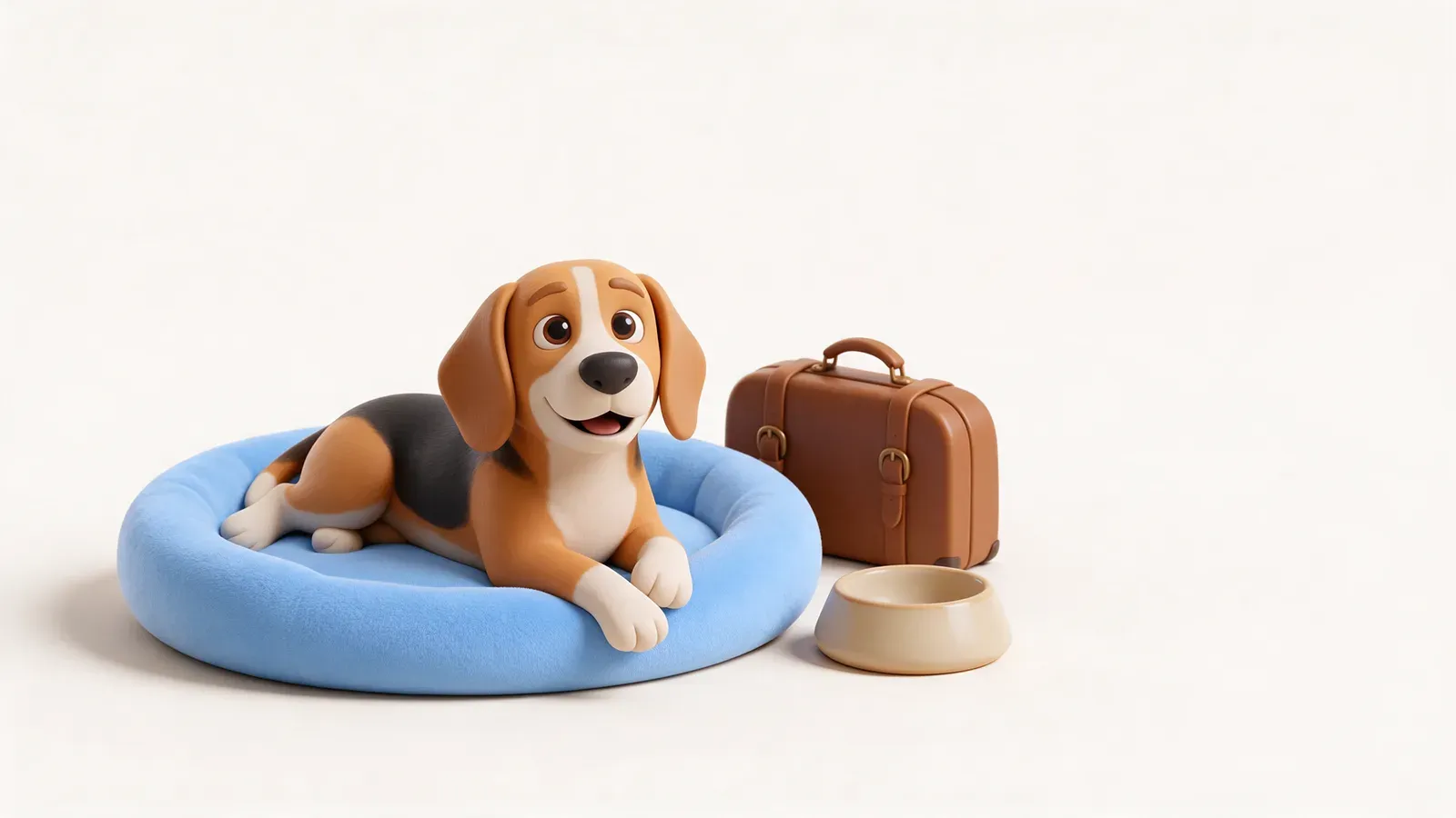 Beagle tumbado en una cama azul junto a una maleta