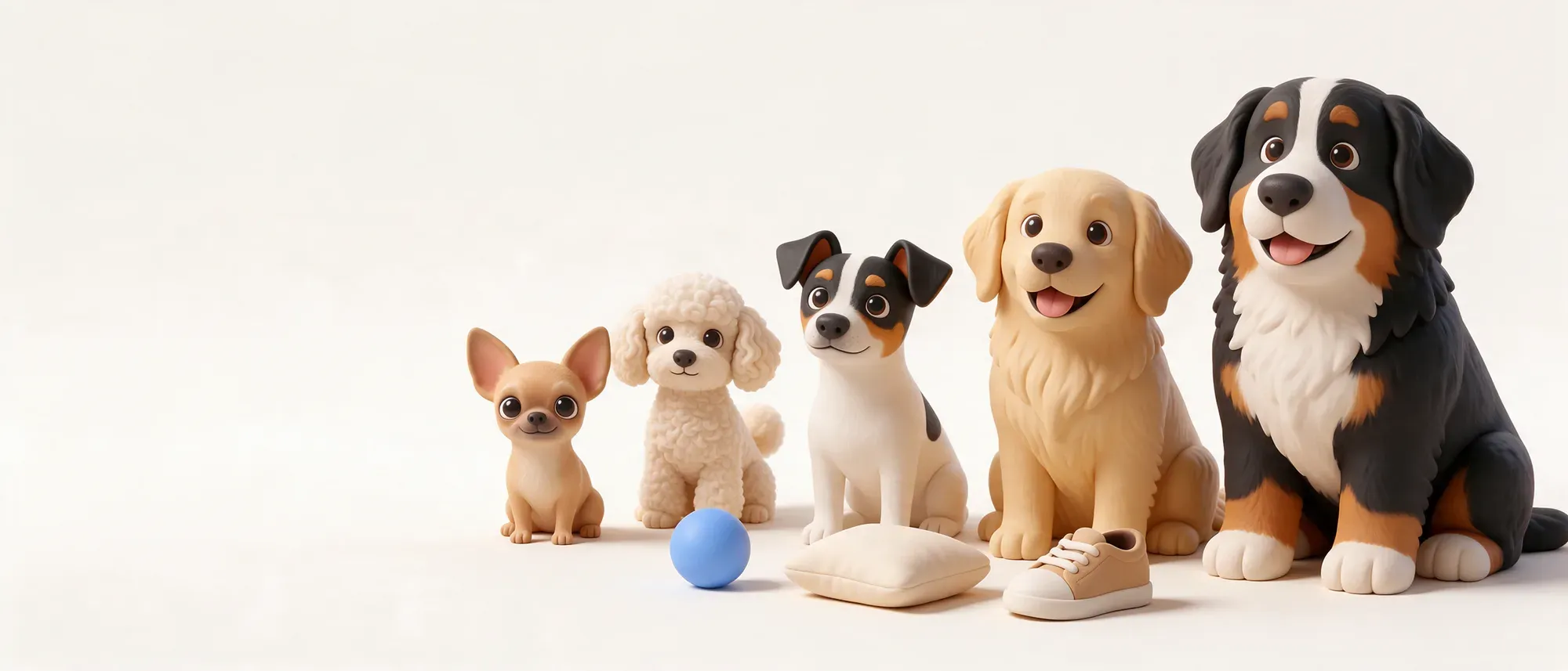 Cinco perros de distintos tamaños sentados en fila