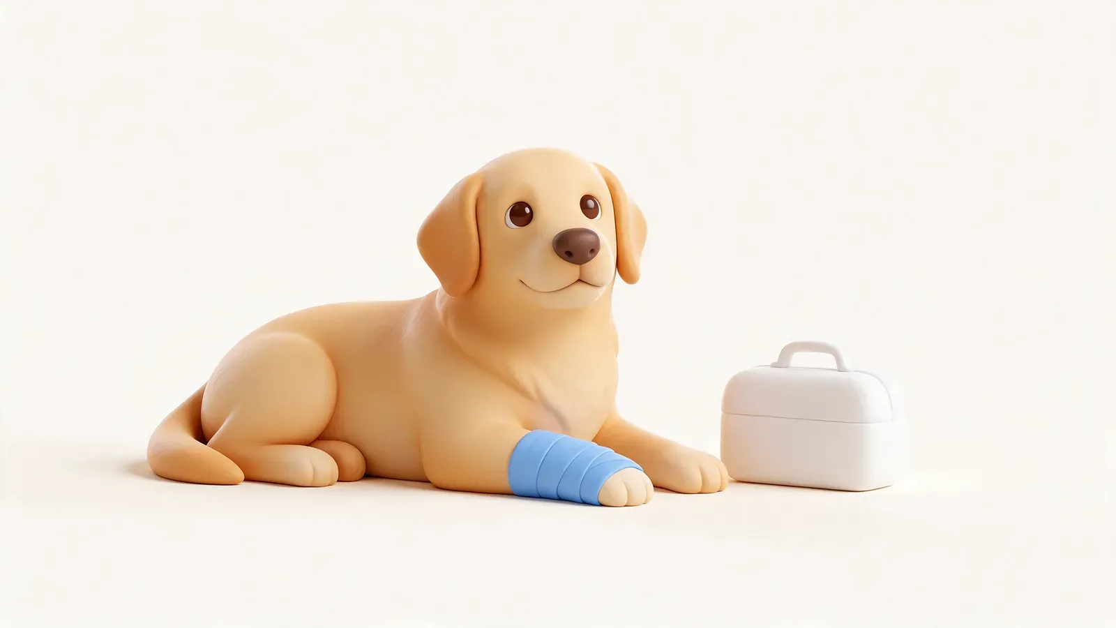 Golden retriever tumbado con una pata vendada junto a un maletín veterinario
