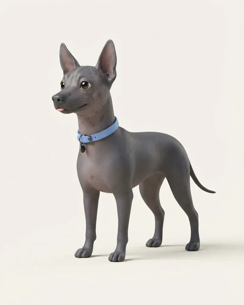 Ilustración 3D de un xoloitzcuintle (perro sin pelo mexicano)